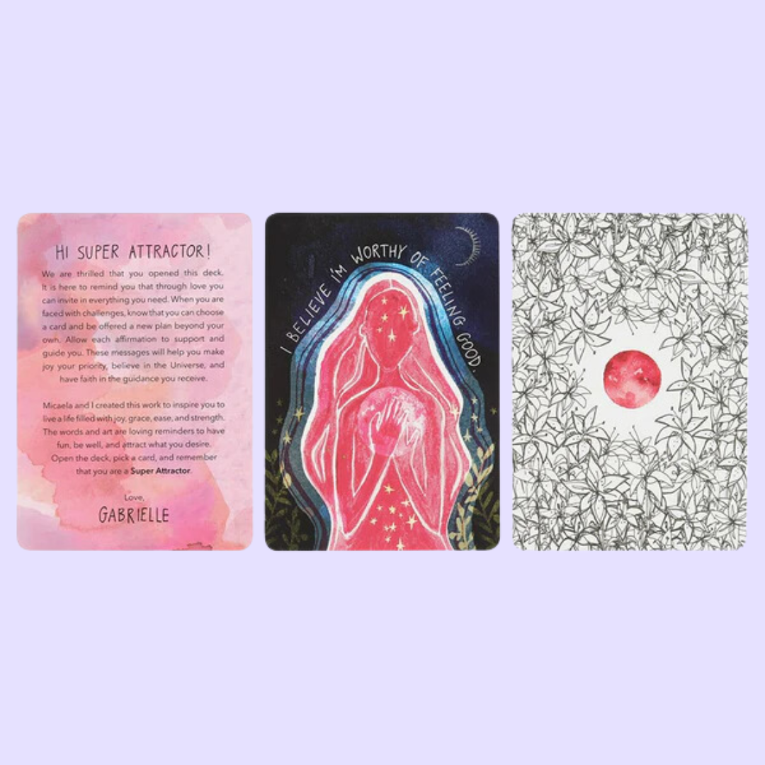 The Super Attractor Oracle card deck by Gabby Bernstein includes a 52-card deck and guidebook.  This deck alloys the user to align with the universe and attract its endless power. Beautifully presented in a sliding box and illustrated by Micaela Ezra