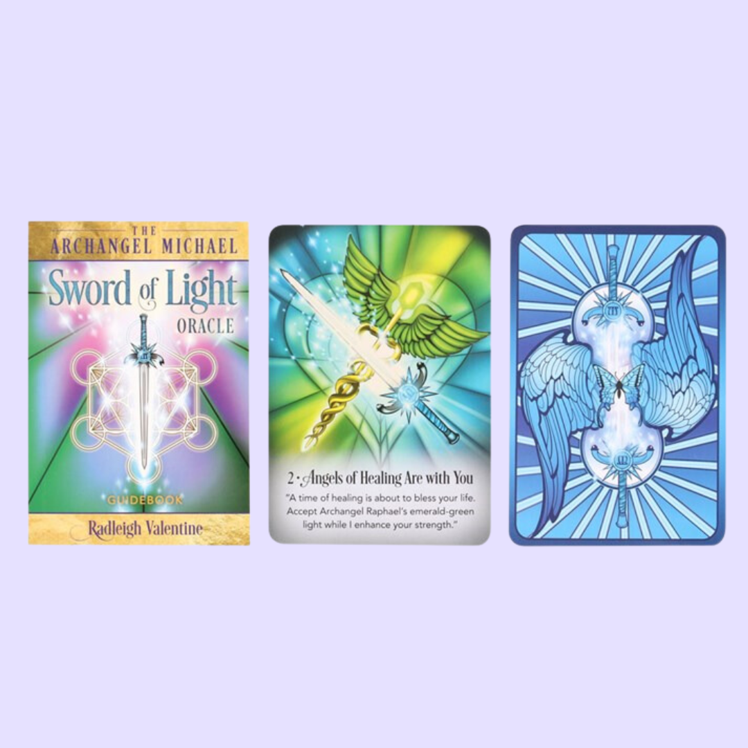 The Archangel Michael Sword of Light oracle card deck by Radleigh Valentine includes a 44-card deck and 120 page guidebook. This deck features a modern take on the archangel Michael that will uplift and inspire the user with symbols of love and light. Beautifully presented in a matching box and illustrated by Echo Chernik