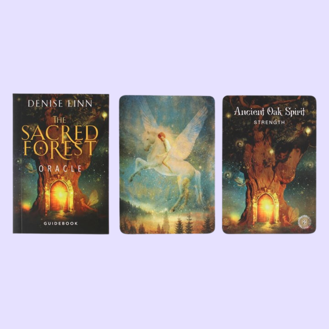 The Sacred Forest Oracle card deck by Denise Linn includes a 52-card deck and 144 page guidebook. This deck opens the user's inner self to expand and enlighten their spiritual journey. Beautifully presented in a matching box