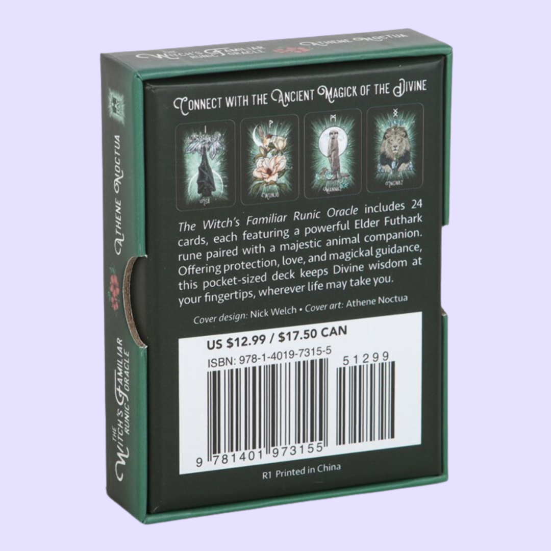 The Witches Familiar Runic Oracle Cards - Owls, ravens, snakes, and other magical animals dance across these cards. Each animal embodies the meanings, qualities, and energies of the various runes they have been chosen to symbolize. These cards are perfect for daily divination practice or as a tool to focus energy during rituals and ceremonies. Ask the cards for guidance, luck, protection, or new love. Author Athene Noctua provides a helpful introductory guide to the featured runes and their interpretations