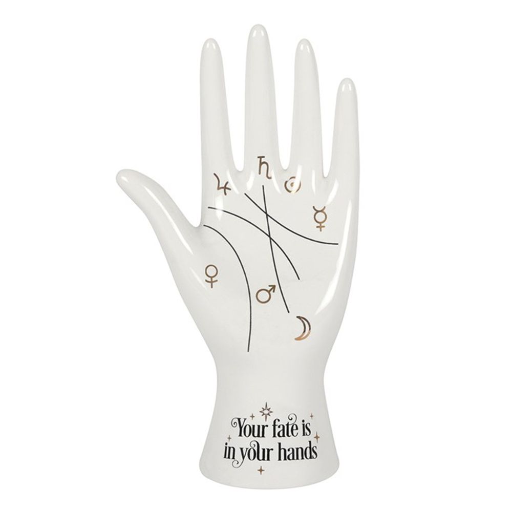 Add some mystic vibes to your space with our White Ceramic Palmistry Hand. This cool take on a classic palmistry hand features metallic gold astrology symbols representing the Sun, Moon, Venus, Mars, Jupiter, Saturn and Mercury and mystical 'Your fate is in your hands' text