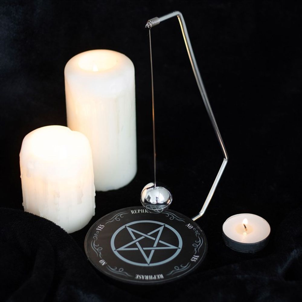 With a mystic pentagram design, this metal decision maker features a spherical pendulum that magically selects one of six responses  Simply ask your desired 'yes' or 'no' question and watch as the pendulum cycles through the possible outcomes and lands on your destiny  Perfect in size for keeping on desktops and side tables for quick decision-making