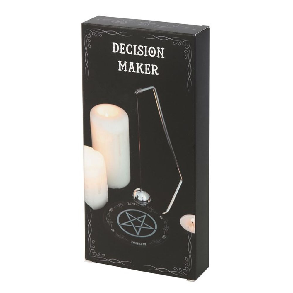 With a mystic pentagram design, this metal decision maker features a spherical pendulum that magically selects one of six responses  Simply ask your desired 'yes' or 'no' question and watch as the pendulum cycles through the possible outcomes and lands on your destiny  Perfect in size for keeping on desktops and side tables for quick decision-making