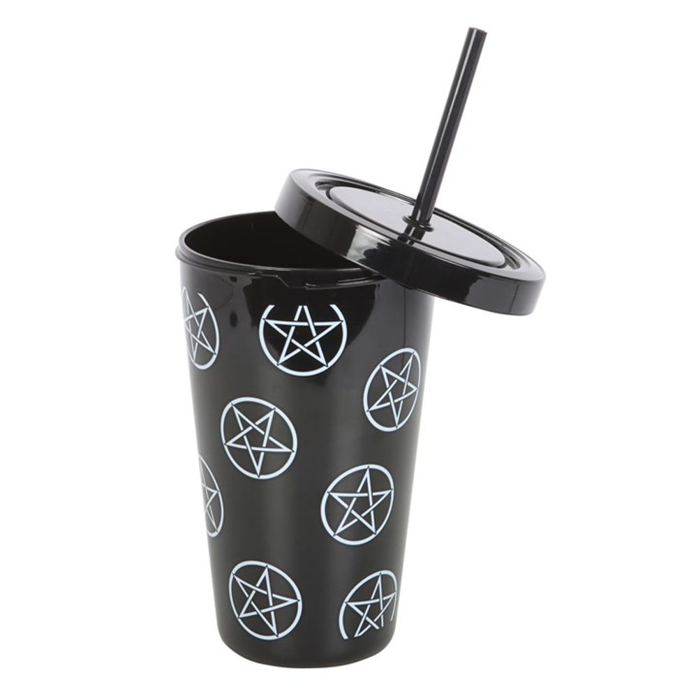 This tumbler is more than a drinkware item; it's a statement piece. The bold white pentagram design set against the sleek black background creates a striking contrast, turning an everyday object into a symbol of unique style