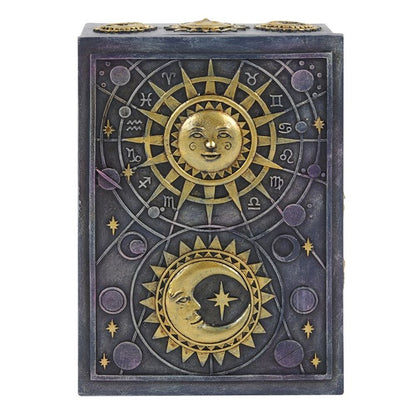 This stunning resin box is intricately designed with raised astrology symbols and a detailed sun and moon designs with a gold finish. This celestial style is perfect for holding tarot card decks, crystals, herbs and other small objects for safe keeping