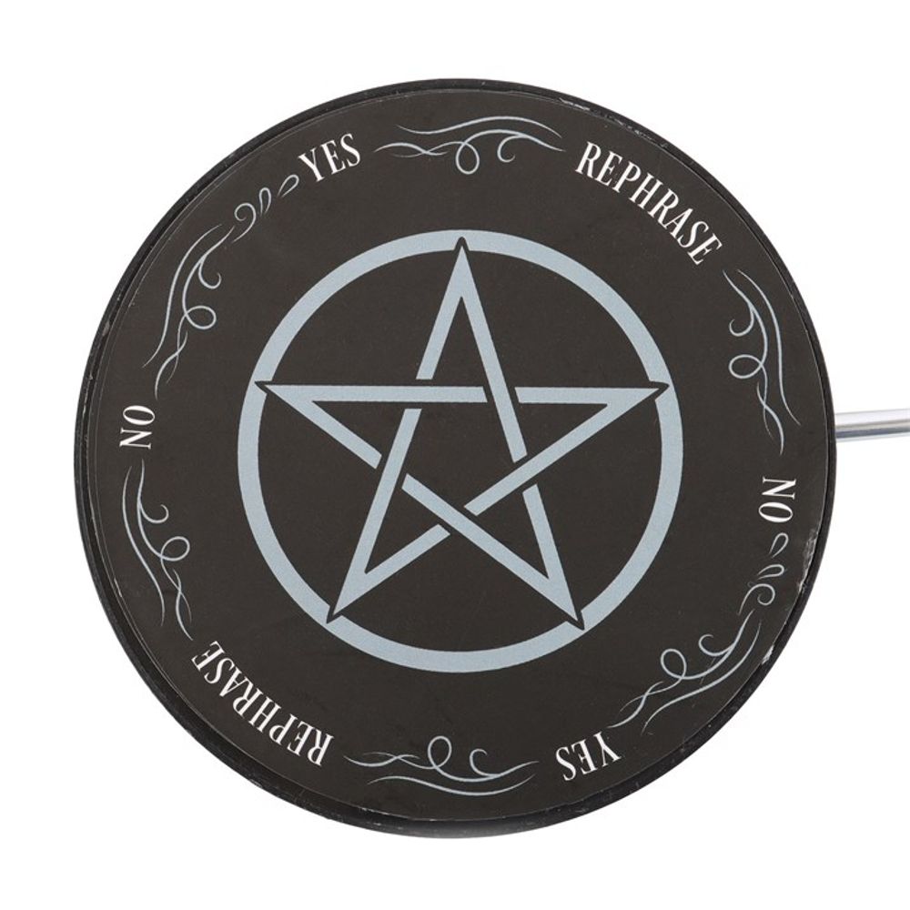 With a mystic pentagram design, this metal decision maker features a spherical pendulum that magically selects one of six responses  Simply ask your desired 'yes' or 'no' question and watch as the pendulum cycles through the possible outcomes and lands on your destiny  Perfect in size for keeping on desktops and side tables for quick decision-making