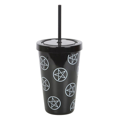 This tumbler is more than a drinkware item; it's a statement piece. The bold white pentagram design set against the sleek black background creates a striking contrast, turning an everyday object into a symbol of unique style