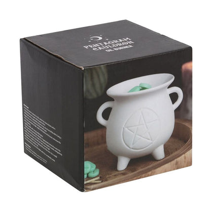 Unleash your inner magic with our White Pentagram Cauldron Oil &amp; Wax Burner! This unique burner features a pentagram design and can be used to burn both essential oils and wax melts. Perfect for setting the mood, enhancing meditation, and adding a touch of whimsy to any room