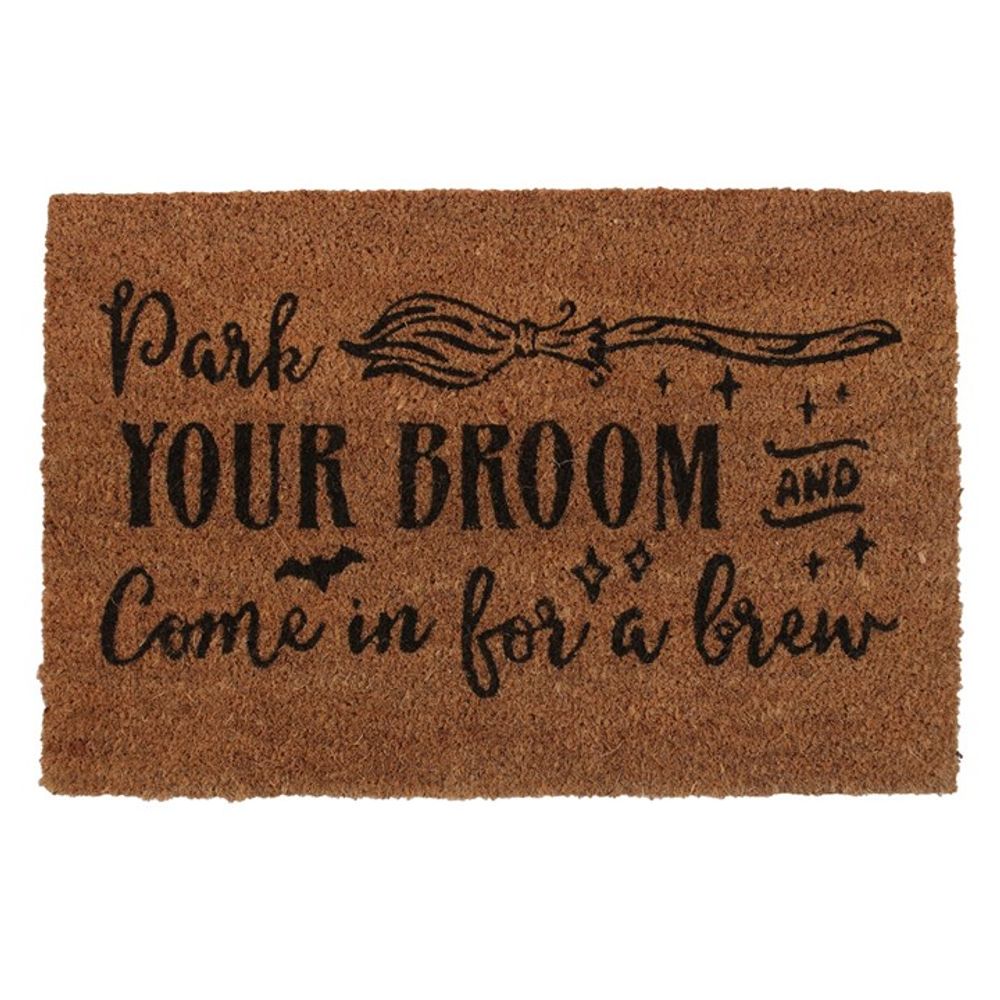 Elevate your home aesthetic while inviting guests in with this printed natural coir doormat proclaiming 'Park Your Broom and Come In For Brew'!  Makes a fun welcome at the front door of any witch's lair!