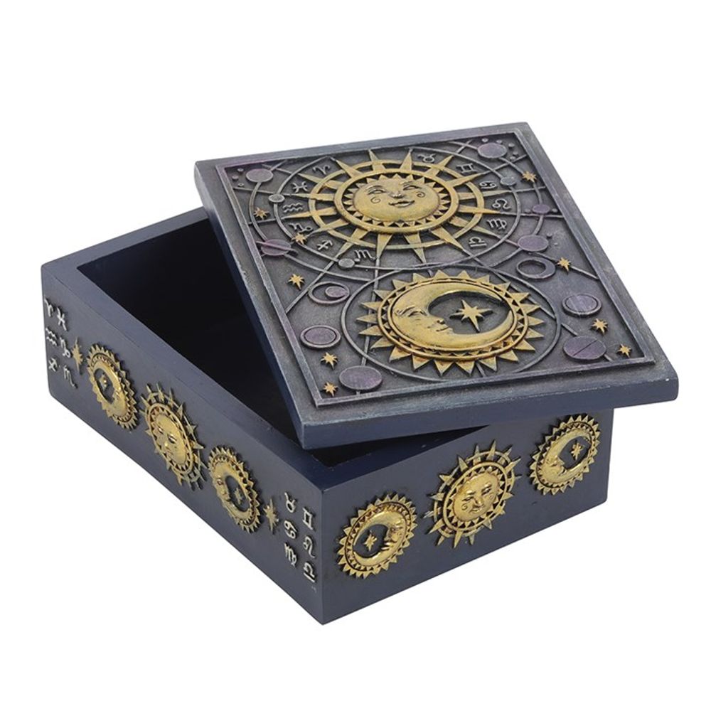 This stunning resin box is intricately designed with raised astrology symbols and a detailed sun and moon designs with a gold finish. This celestial style is perfect for holding tarot card decks, crystals, herbs and other small objects for safe keeping