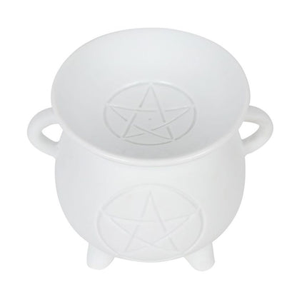 Unleash your inner magic with our White Pentagram Cauldron Oil &amp; Wax Burner! This unique burner features a pentagram design and can be used to burn both essential oils and wax melts. Perfect for setting the mood, enhancing meditation, and adding a touch of whimsy to any room